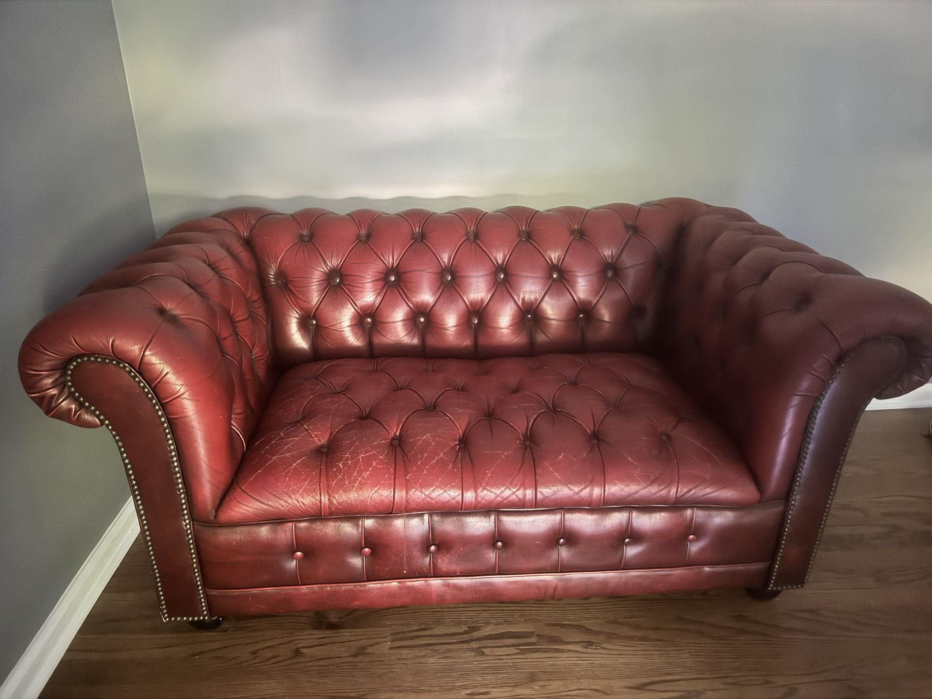 Red Distressed Leather Tufted Sofa