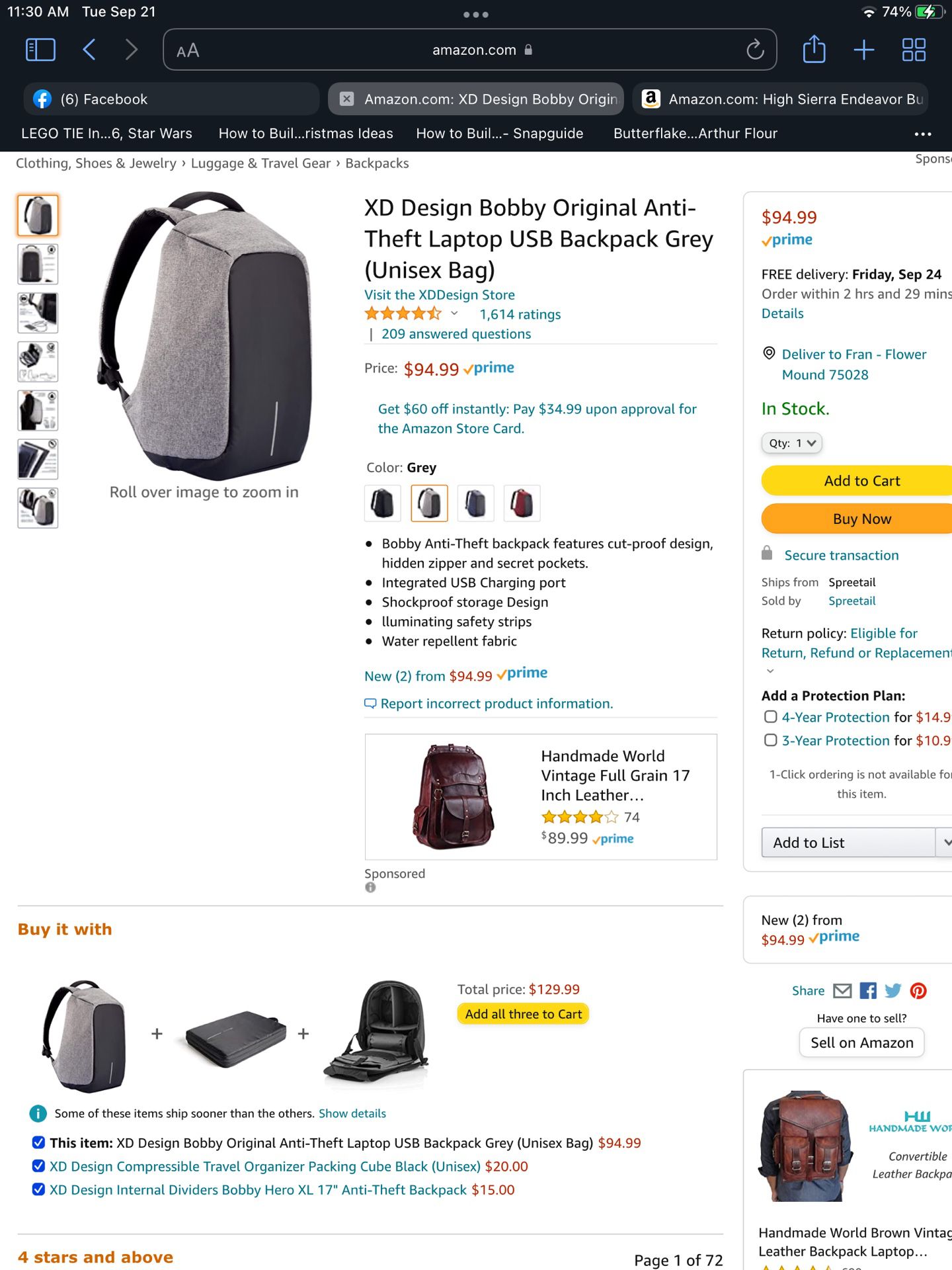 $65 New New XD Design Bobby Original Anti-Theft Laptop USB Backpack Grey 