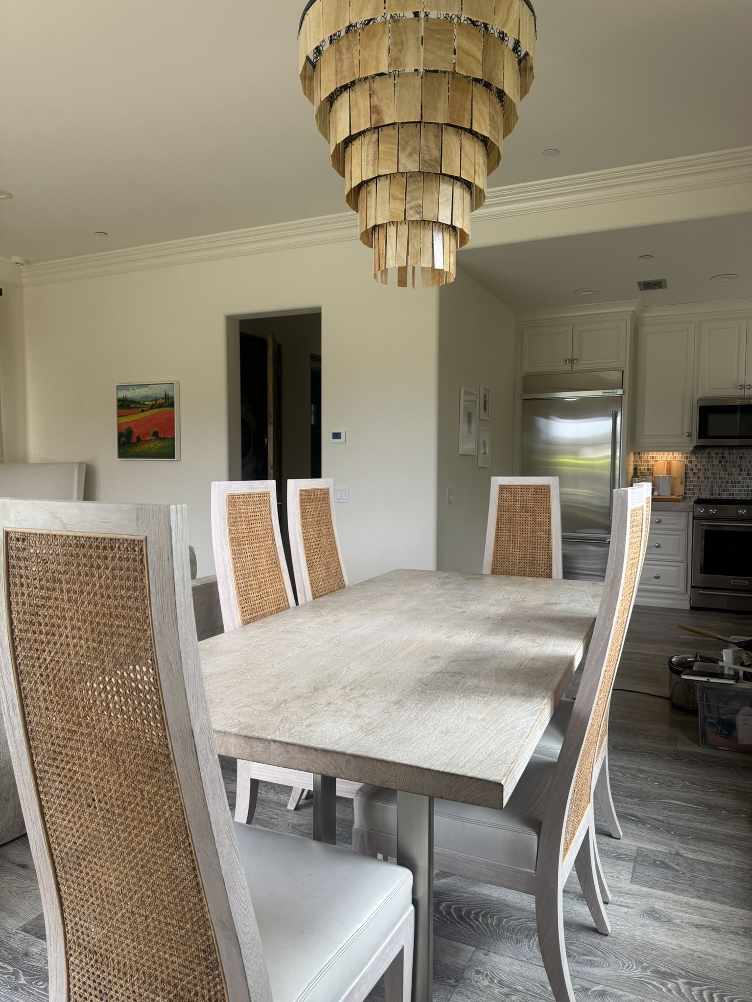 Light Stained Wood Dining Table With Metal Base