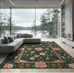 6x9 Traditional Floral Area Rug-Black with Burgundy and Sage Green