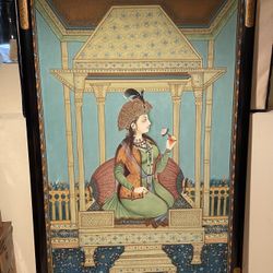FINE PAINTING VINTAGE 1970s ART OF INDIAN WOMAN PRINCESS ON HANDMADE SILK - HEIGHT 59” - WIDTH 35” $1,150