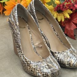 Report Women’s Wedge Heel with a Faux Snakeskin pattern and Striped Stacked-Wood Heel