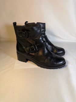 Black Leather Moto Ankle Boots with Buckles