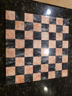 Vintage Marble Alabaster Chess Board Pink Coral & Black Grey Inlaid Stone 13.5"