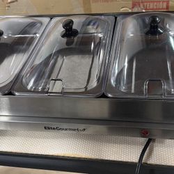 Elite Gourmet 7.5 Quart Triple Buffet Server Food Warmer Temperature Control, Clear Slotted Lids