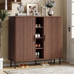 43" Walnut Storage Cabinet w/ Sliding Doors 