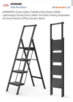 4 Step Foldable Ladder 330lbs Heavy Duty Steel Step Stool Portable Folding Stepladder with Handrail Non Slip Wide Steps Compact 2.3in Slim Storage Hom