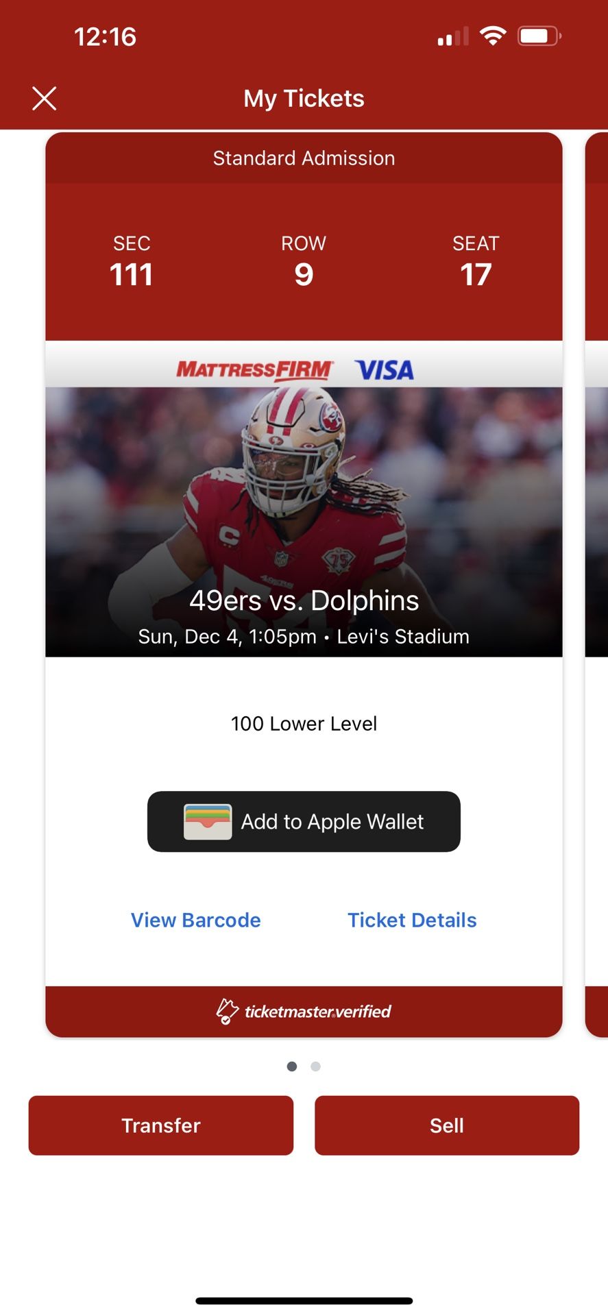49ers vs. Dolphins - Section 111 Row 9 - Red Zone 2 Tickets $410 Each OBO