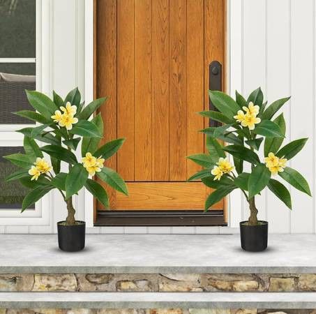 Briful Artificial Plants Indoor 26.77'' Fake Tropical Plumeria Flowers Tree Plants in Black Pot, Hawaiian Yellow Plumeria Faux Frangipani Tree Floor P
