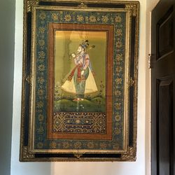 Antique mughal original painting on silk in antique frame large 42” H x 30” W