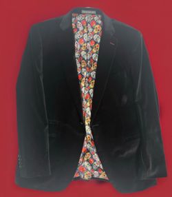 Indochino Custom Black Velvet Sport Coat Blazer Sugar Skull Lining 42R