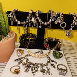 #2389, RARE VICTORIAN LOT OF SILVER PLATED BRACELETS, NECKLACE RINGS SZ 7.5 