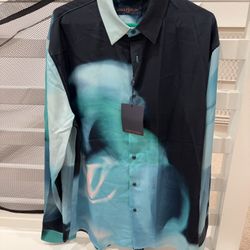 New Men’s Shirt Long Sleeve White & Black Logo Shirt sSize L Button Up  New never wear  This one is for our studio, using as the background decor whil