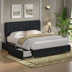 Upholstered Bed Black Metal Frame Queen Size Platform Bed with 4-Storage Drawers and Headboard, Wooden Slats Support