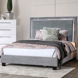 Brand New Soft Grey Fabric Platform Bed with LED Headboard