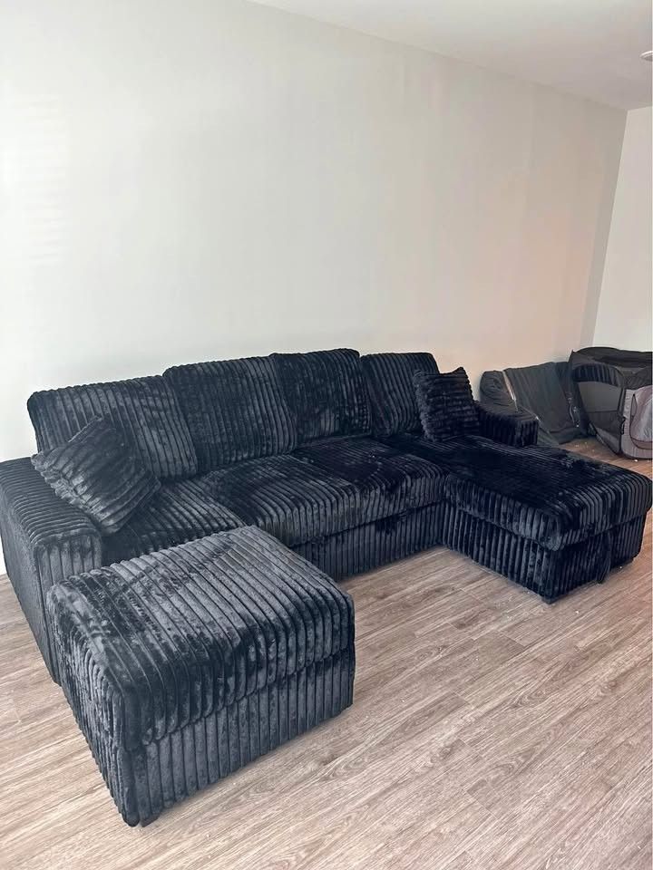 Brand New Upholstered Corduroy Huge Pull Out Sleeper Sectional Sofa With Ottoman 