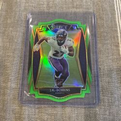 J.K. Dobbins Rookie Card. 2020 Panini Select Rookie Card. Dye Cut Green Refractor. Premier Level