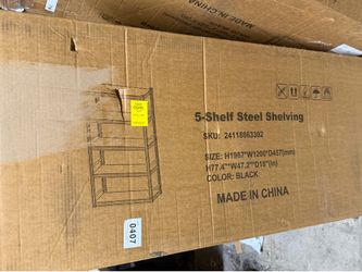 5-Shelf Steel Shelving SKU: (contact info removed)3302 SIZE: H1967*W1200*D457(mm) H77.4"*W47.2"*D18" (in) COLOR: BLACK MADE IN CHINA