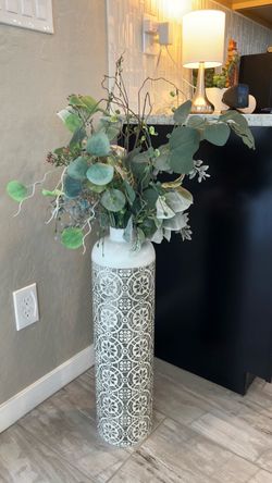 Tall Decorative Floor Vase with Faux Eucalyptus Plant (42" Total Height)
