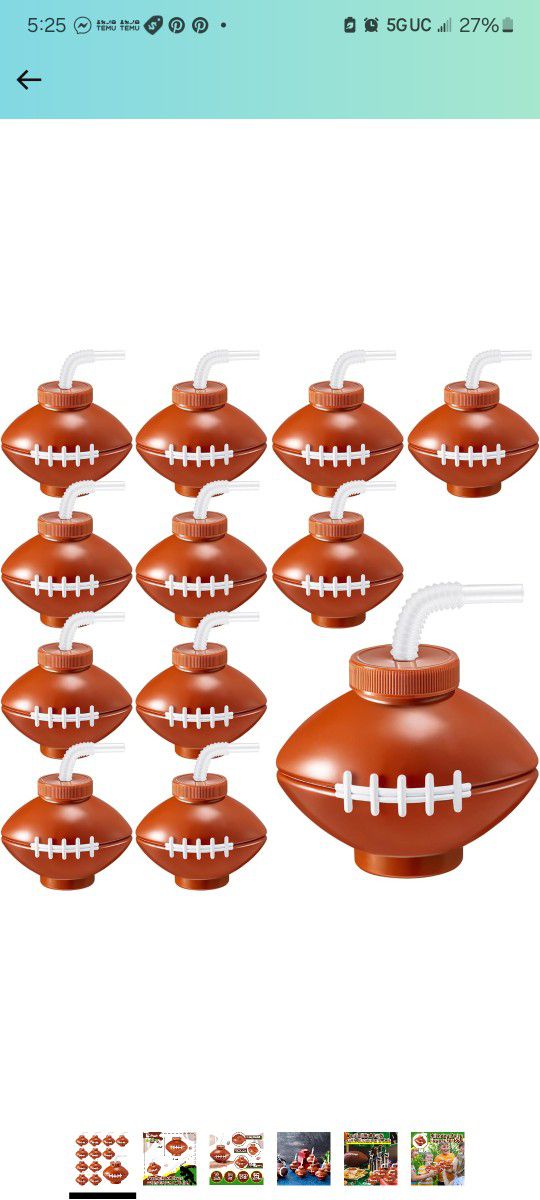 12 Pcs Football Ball Cups with Straws and Lids 12 oz Plastic Reusable Soft Football Party Cups Bulk Drinking Football Birthday Party Supplies Tea Bott
