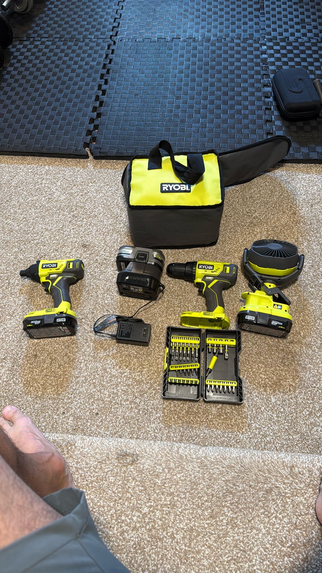 Ryobi Drill And impact Driver, Bits, 3 Batteries And Fan