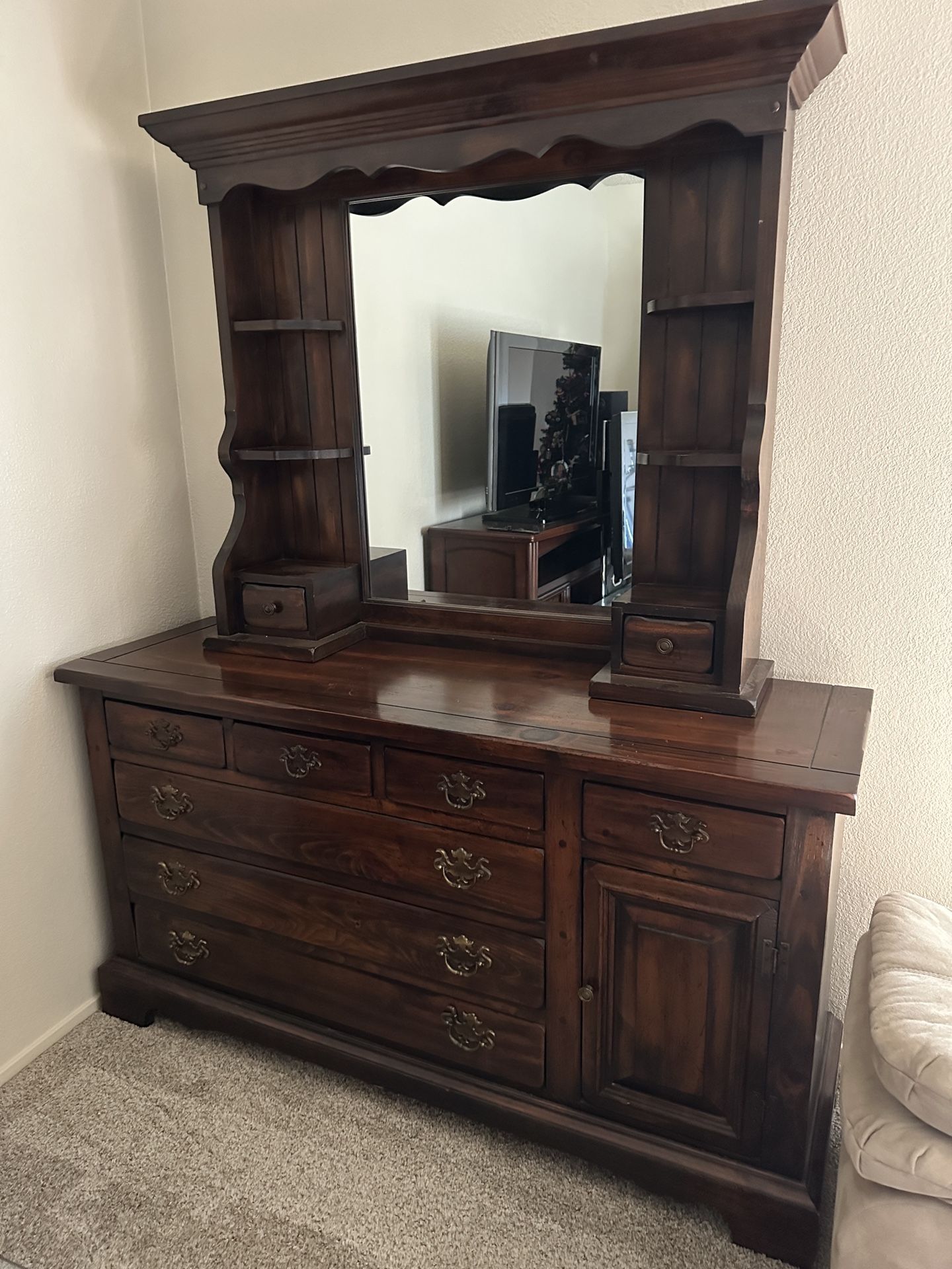 Vintage Dark Wood Dresser w/ Vanity & Matching Nightstand Set