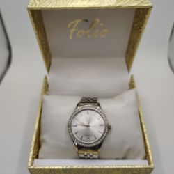 New Folio Womes Quartz Watch Sunburst Dial Gemmed Bezel With Box New Battery