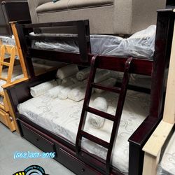 Twin Full Cherry Bunk Bed With Trundle New Mattresses Included