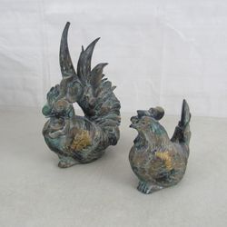 Cast Iron Rooster & Hen Painted Figurines 9 1/2" Tall

