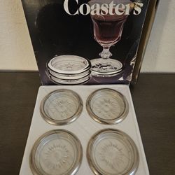 MCM Four Piece Crystal Coaster Set With A Silver Plated Rim And Starburst Design