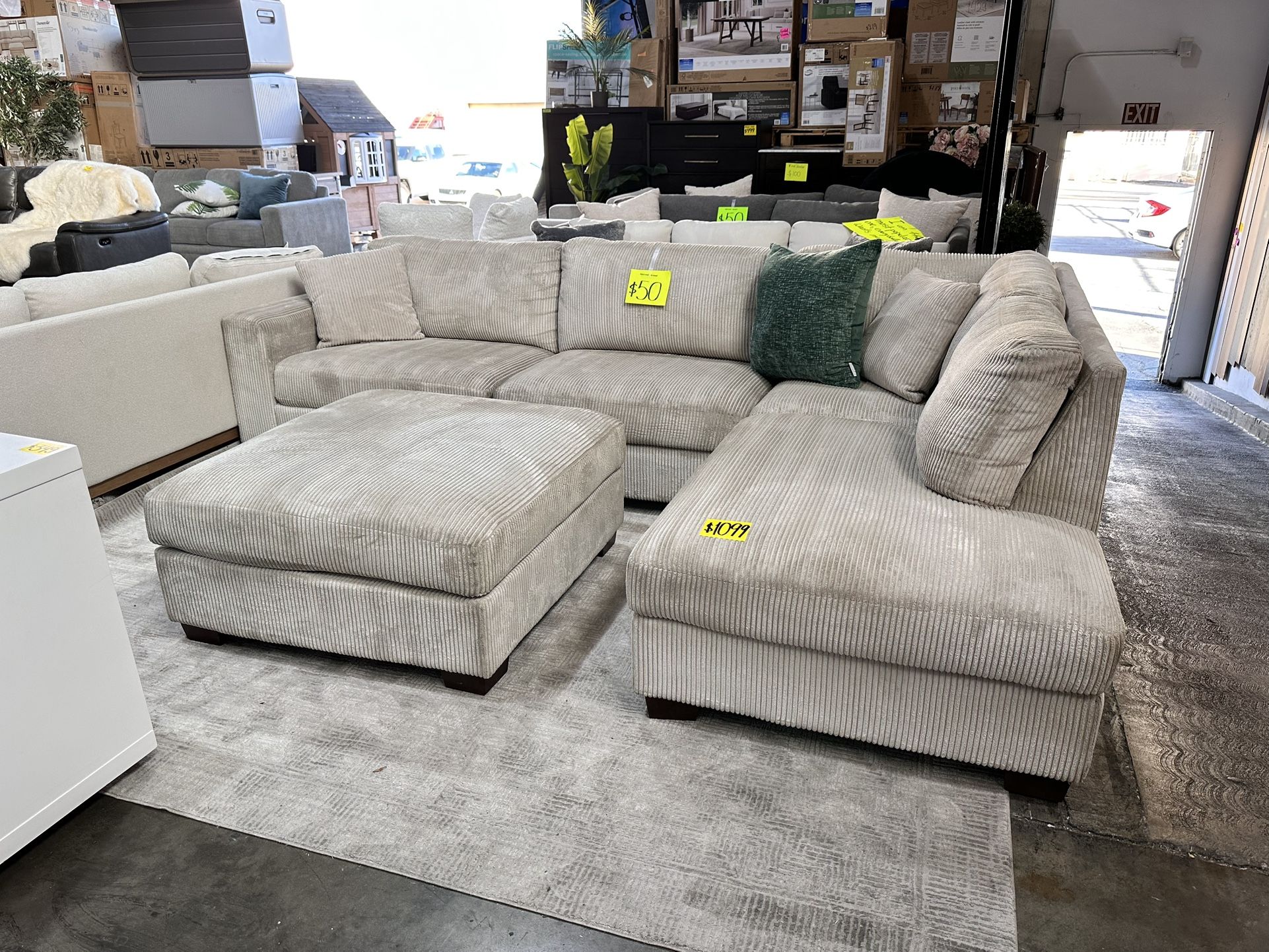 Thomasville Artesia Corduroy Fabric Sectional with Ottoman