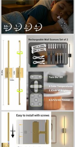 Battery Operated Wall Sconces Set of Two: Dimmable Wireless Wall Lights with Remote, 31-inch LED Rechargeable Sconces, 360° Lighting Wall Scone Decor 
