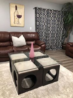 Glass Top Coffee Table with 4 Ottoman Stools