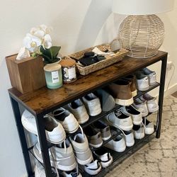 Modern 3-Tier Shoe Rack – Wood & Gunmetal Frame