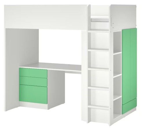 IKEA SMÅSTAD Loft bed, white and green with desk, Twin size
