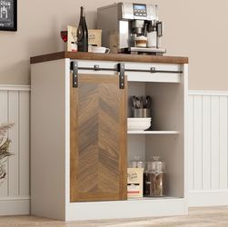 Farmhouse Small Coffee Bar Cabinet with Storage, White Coffee Bar Table with Sliding Barn Door, Adjustable Shelves, Bar Cabinet for Kitchen, Dining Li