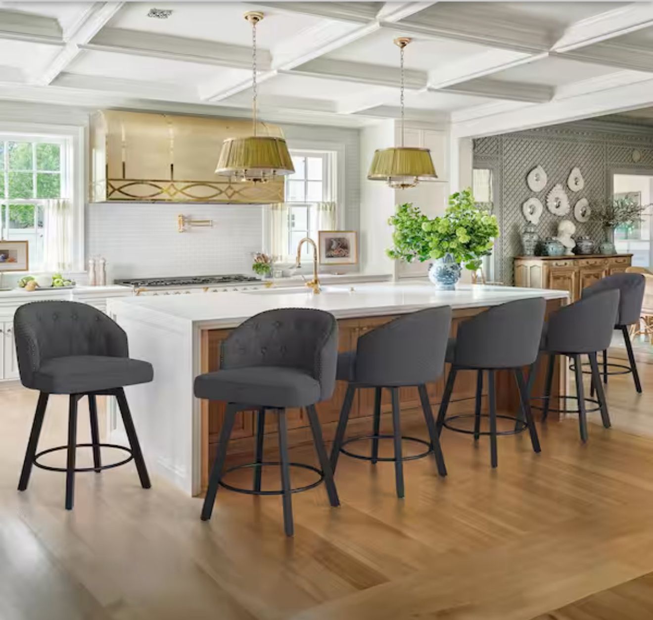 Arturo 26 in.Dark Gray Linen Fabric Upholstered Swivel Bar Stool with Metal Frame Nailhead Counter Barstool Set of 6