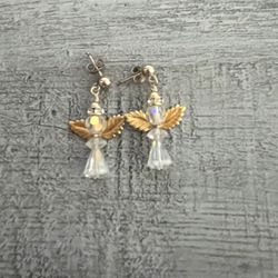 Vintage Crystal And Gold tone Guardian Angel Earrings