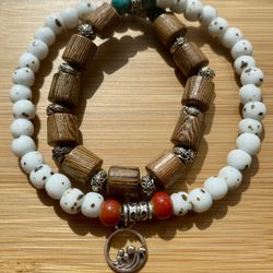 BRAND NEW Earthy Wood & Stone Beaded Bracelet with Ocean Wave Charm