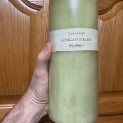 World Market 9” Tall x 4” Round Diameter African Melon Scented Candle.  Brand New. This scent has been discontinued.  Pick up available in Arlington V