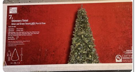 7ft Shimmery Tinsel Silver and Green Pre Lit Tree with 300 Color Changing Lights - NEW