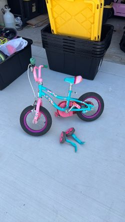 12” Dynacraft Girls Bike with Training Wheels – Teal/Pink