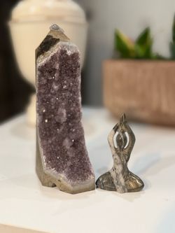 Amethyst Crystal Tower with Stone Goddess Figurine