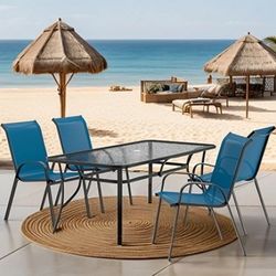 5 PIECE OUTDOOR DINING SET BLUE FABRIC WATER UV RESISTANT PATIO POOL-SIDE