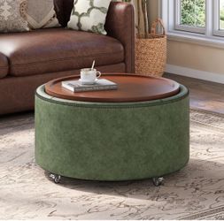 Rio Round Storage Ottoman with Wheels, Faux Leather Ottoman with Storage, PU Leather Ottoman Coffee Table, Rolling Sofa Foot Rest with Wood Frame, Oli