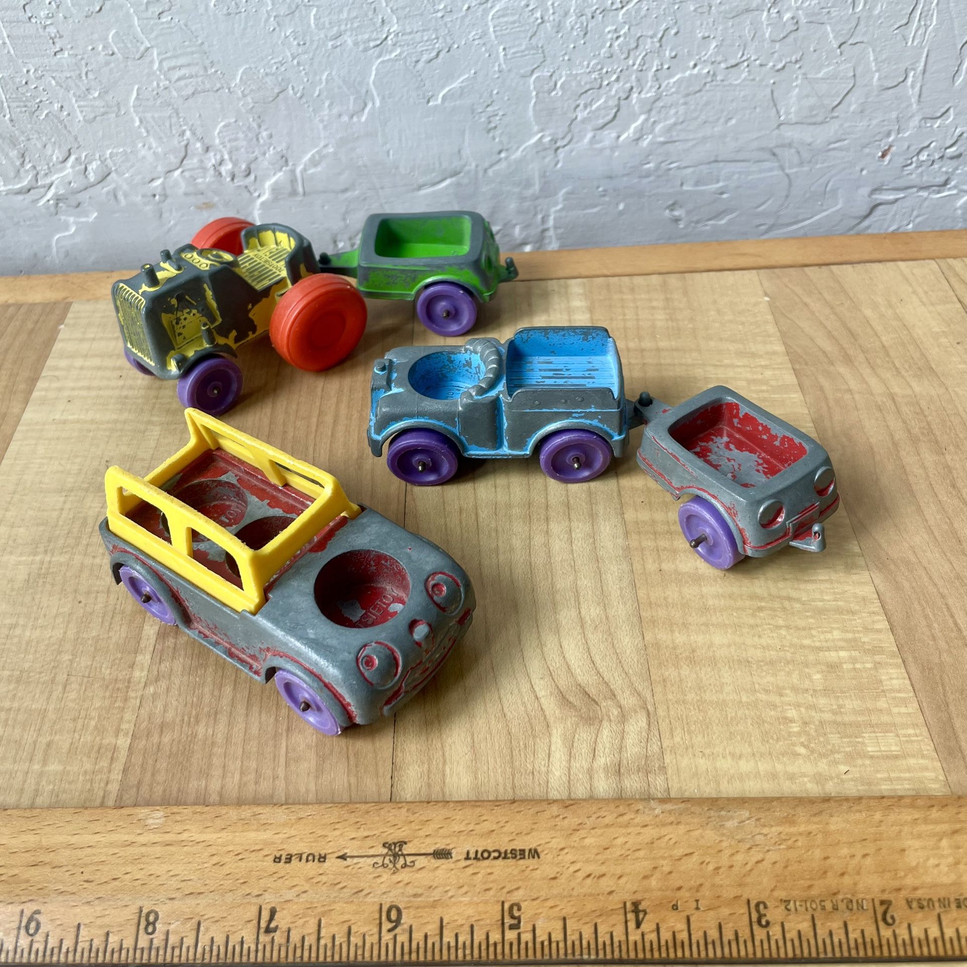Vintage 1967 Tootsie Die Cast Toy Lot - Tractor, 2 Pull Trailers & 2 Vehicles.