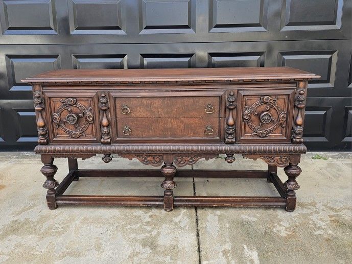Large Ornate Buffet Or Sideboard 72" Long Vintage Credenza for Sale