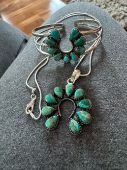 Turquoise&Sterling Squash Blossom Necklace and Cuff Bracelet Set