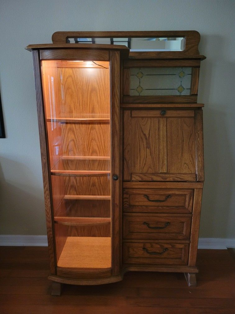 Oak Curio Cabinet/Foldout Desk