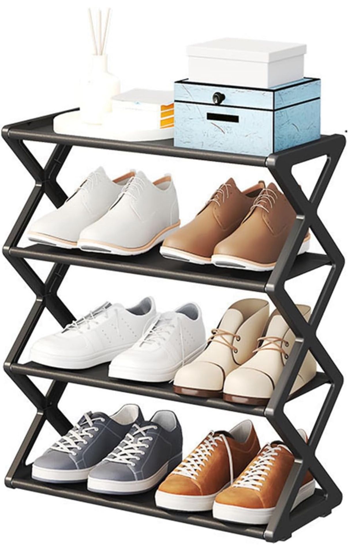 Foldable Shoe Rack, Thicken Plastic Material Space Saving and Adjustable 4 Tier Collapsible Shoe Storage for Entryway Closet and Hallway(Black) (Black